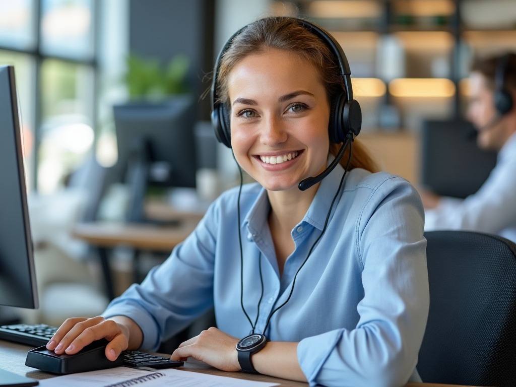 a friendly blonde headed female customer service rep with a headset looks towards the viewer.